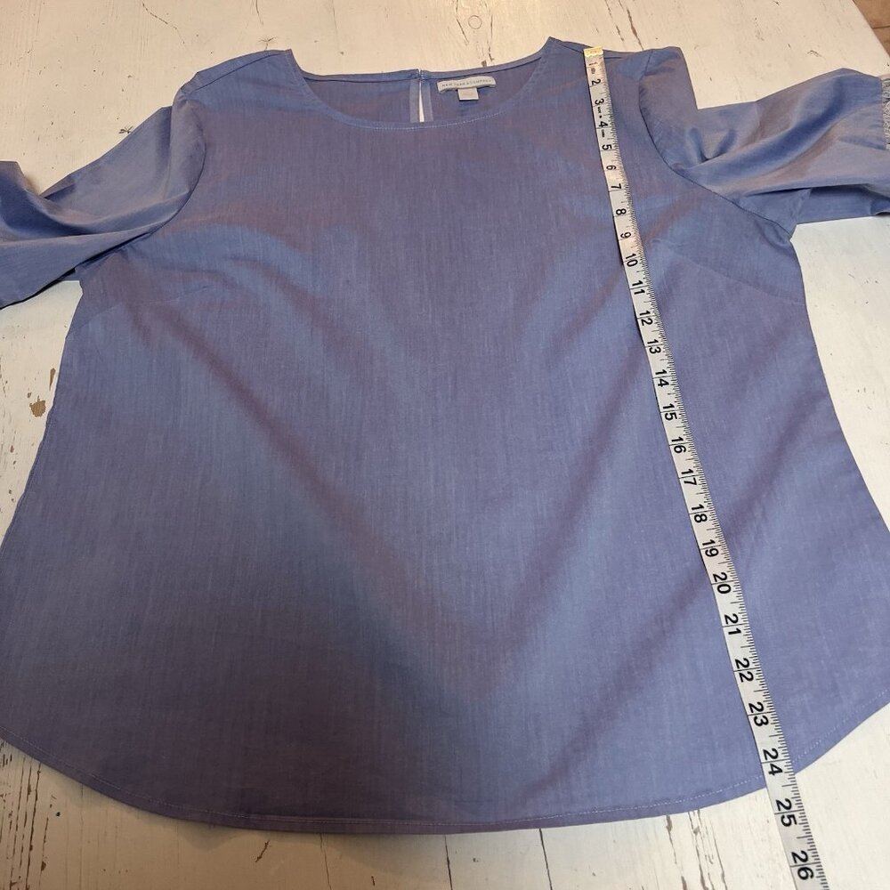 NYC NEW YORK & COMPANY Women's Blue White Top Lace 3/4 Bell Sleeve M Oversized - Picture 7 of 13